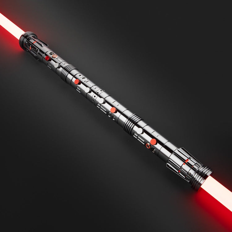 Darth Maul's menacing double-bladed red lightsaber, an iconic weapon of the Sith, featured in the Star Wars universe.