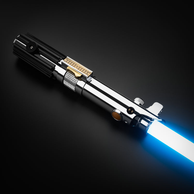 Anakin Skywalker's iconic blue lightsaber, symbolizing his Jedi journey and transformation, as featured in the Star Wars universe.